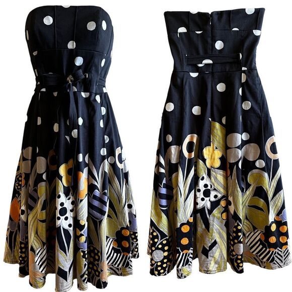 Kay Unger~Navy Strapless Dress~polka dot and multicolor bold floral print~size 2 - Picture 1 of 14